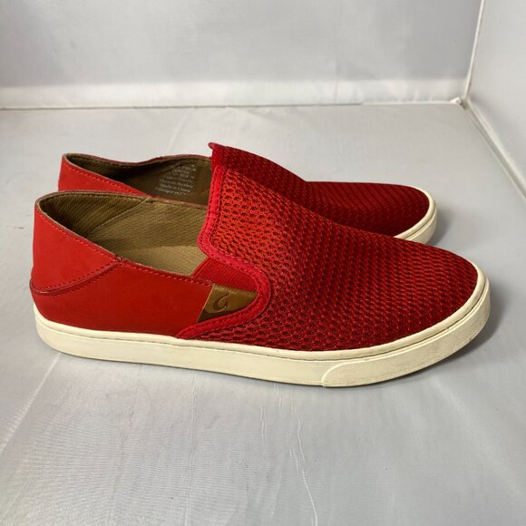 Olukai Pehuea Slip On Sneaker Red Mesh Comfort Shoe Loater Drop Heel - Picture 1 of 6